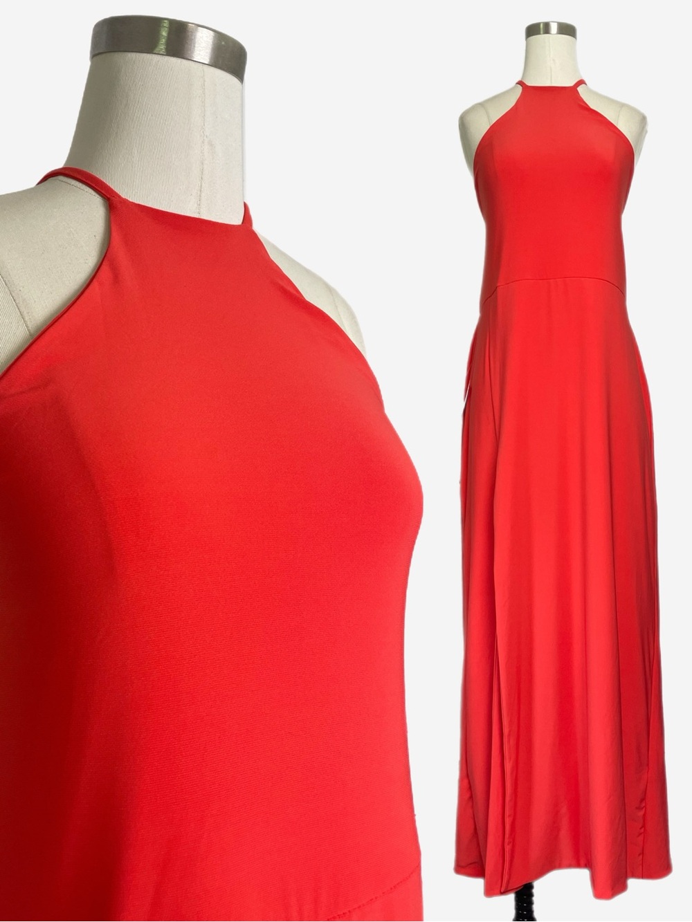Never Fully Dressed NWT orange red open back halter maxi dress stretch bold 12